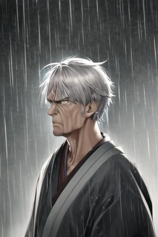 короткие волосы, злой, Шедевр, пожилой мужчина, кимоно, дождь